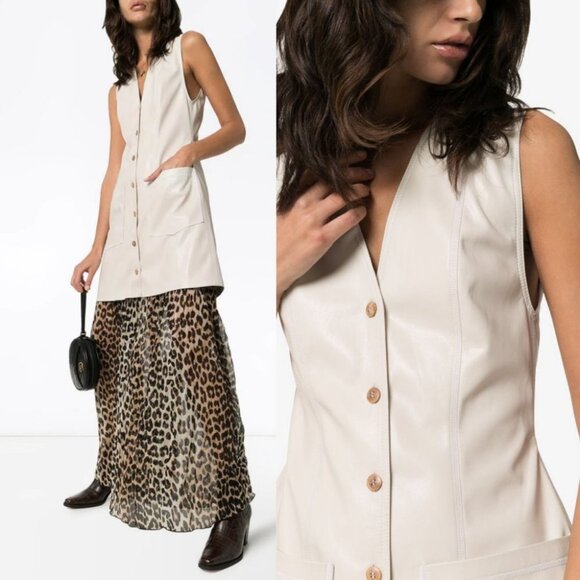 Nanushka Vegan Leather Mini Dress Button Down Size XS Cream Beige Menphi Boho - Picture 2 of 13